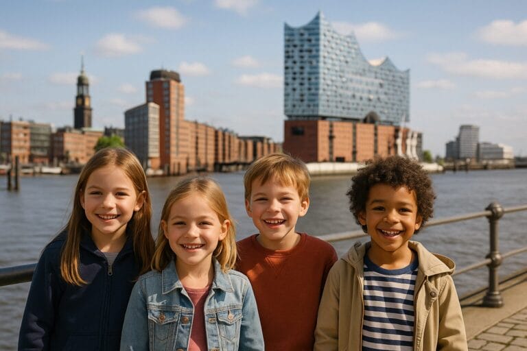 Hamburg mit Kindern - Vier Kinder lachen bei einem Ausflug in Hamburg mit der Elbphilharmonie im Hintergrund